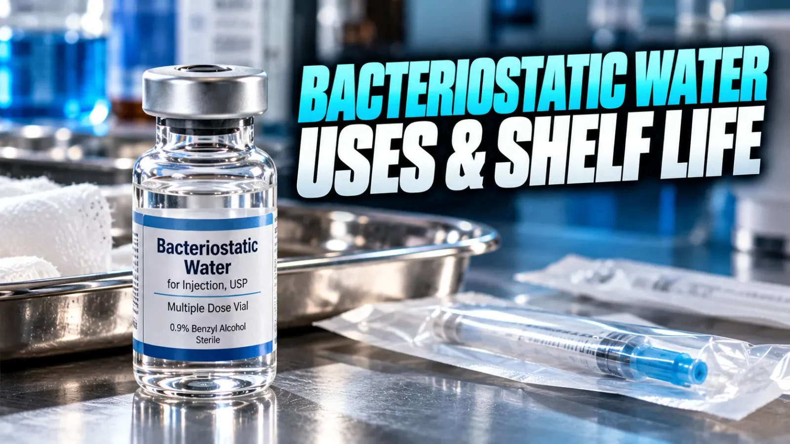 Bacteriostatic water vial for injection beside a syringe and alcohol swabs on a steel tray