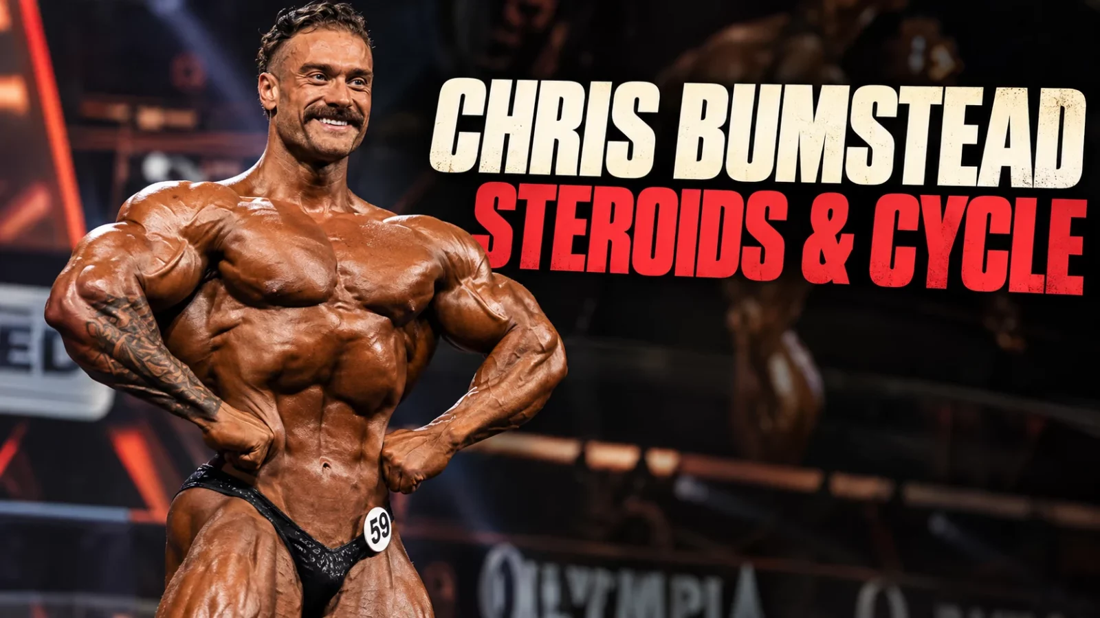 Chris Bumstead posing on a bodybuilding stage, discussing his steroid use and cycle