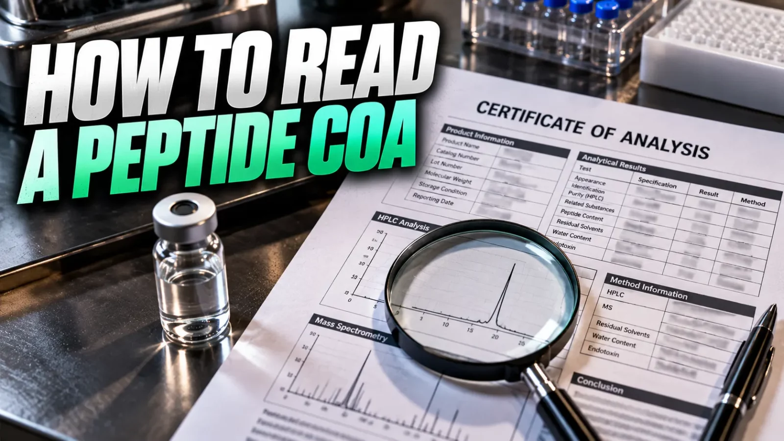 How to read a peptide COA: certificate of analysis under a magnifying glass beside a peptide vial