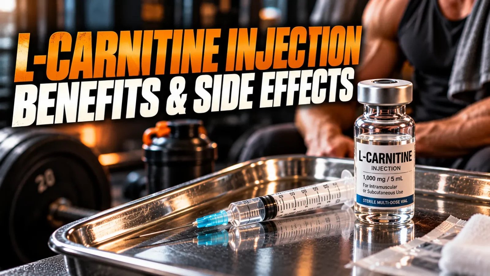 L-carnitine injection: L-carnitine vial and a syringe on a steel tray beside a lifter