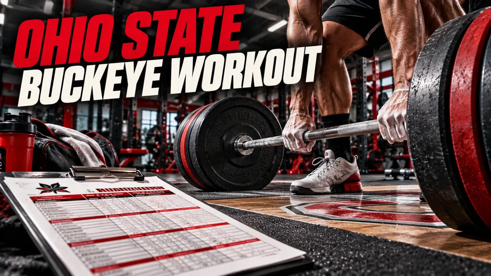 Ohio State Buckeye workout chart on a clipboard beside a loaded barbell