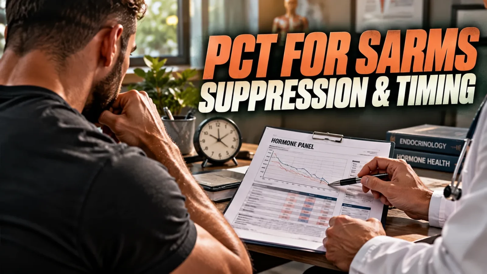 PCT for SARMs: man reviewing a hormone panel with a doctor in a clinic