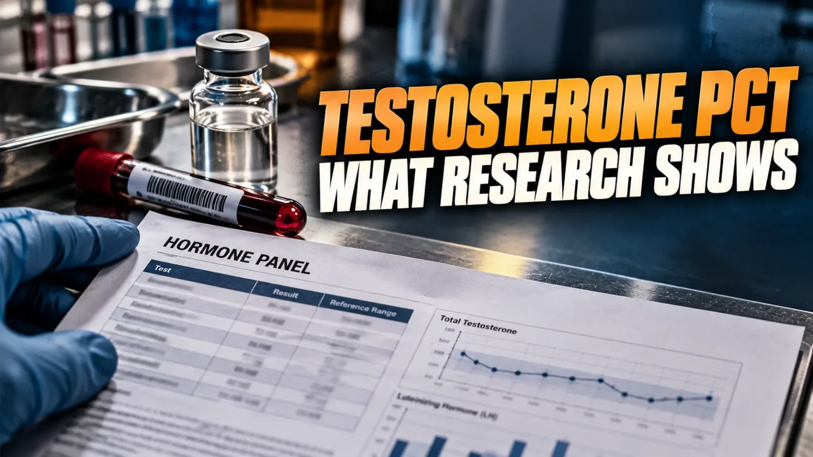 Testosterone PCT: gloved hand holding a blood sample tube over a hormone panel report