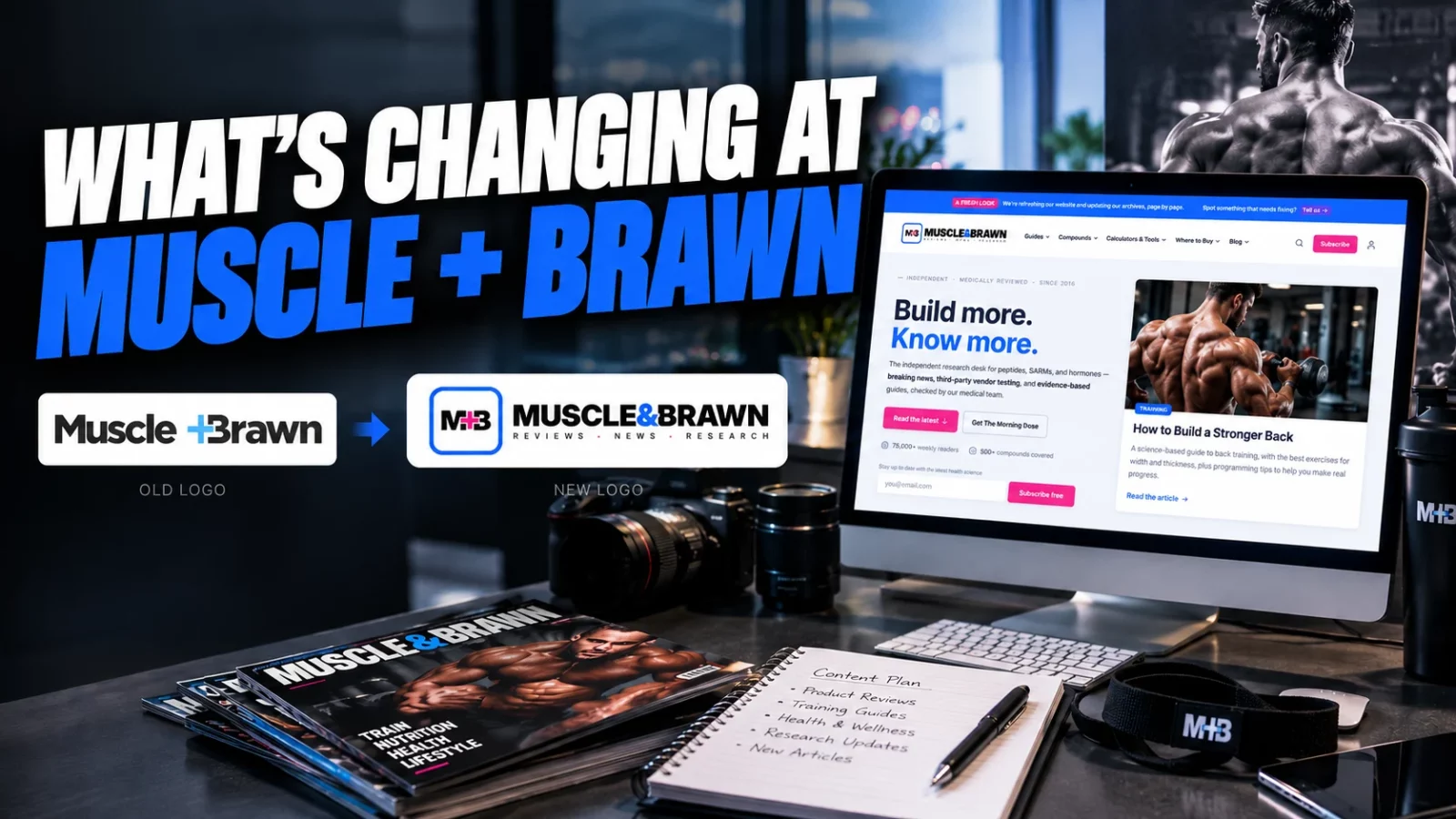 Muscle & Brawn relaunch: the new website on a desktop screen beside magazines and the old and new logos