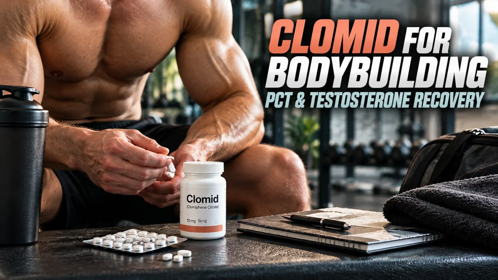 Clomid for bodybuilding: shirtless man holding a Clomid bottle beside tablets in a gym
