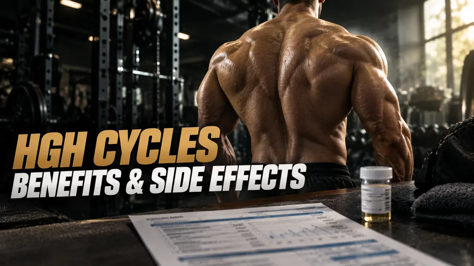 HGH cycle for men: muscular back of a man in a gym beside a vial and lab paperwork