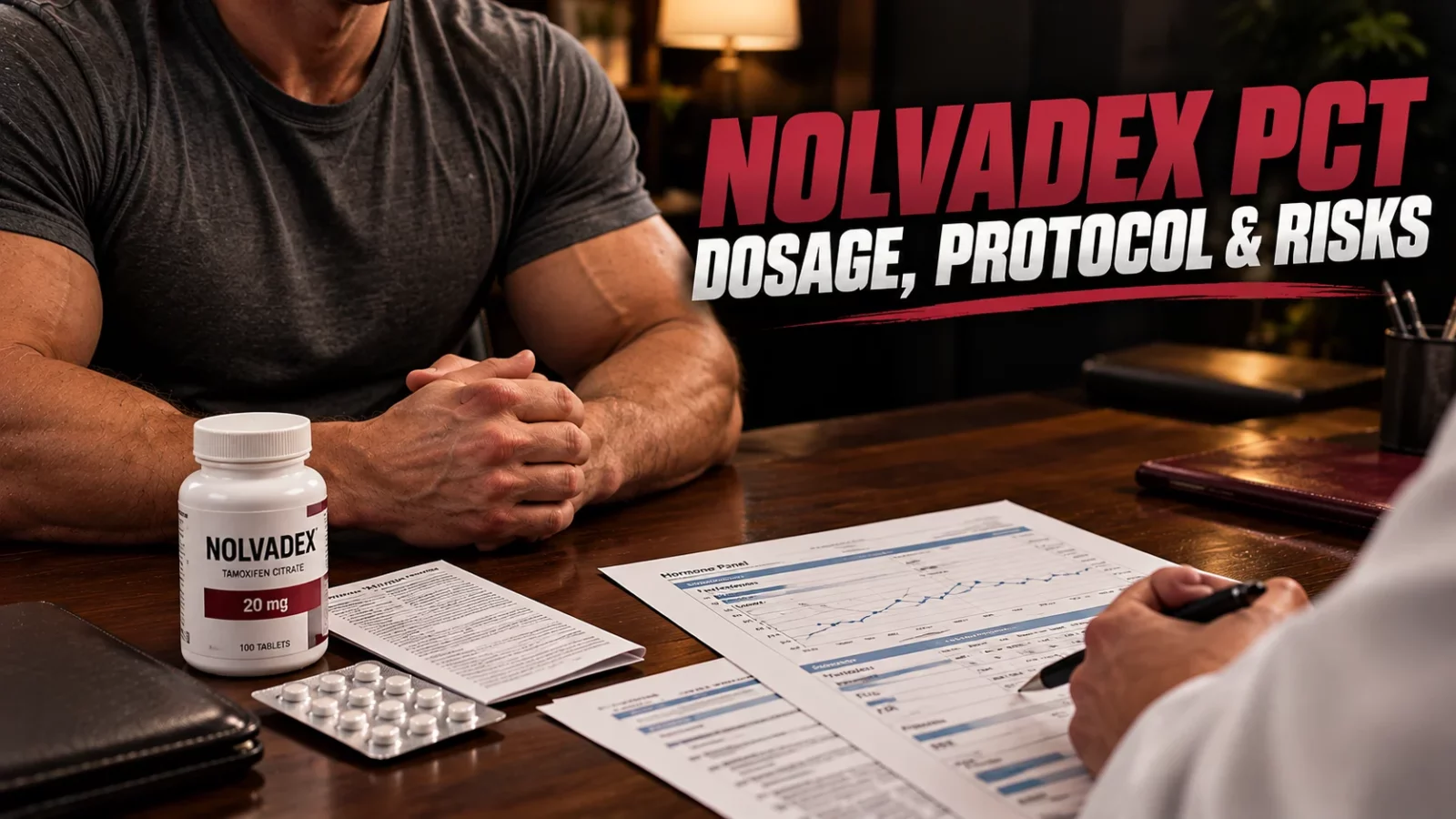 Nolvadex PCT: man at a desk with a Nolvadex bottle, tablets and lab paperwork