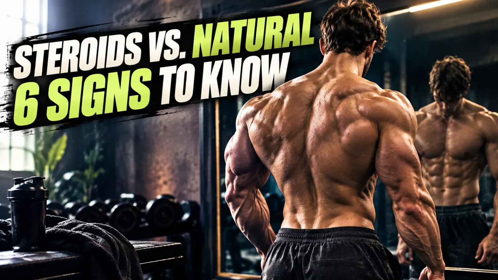 Steroids vs natural bodybuilders: muscular man checking his physique in a gym mirror