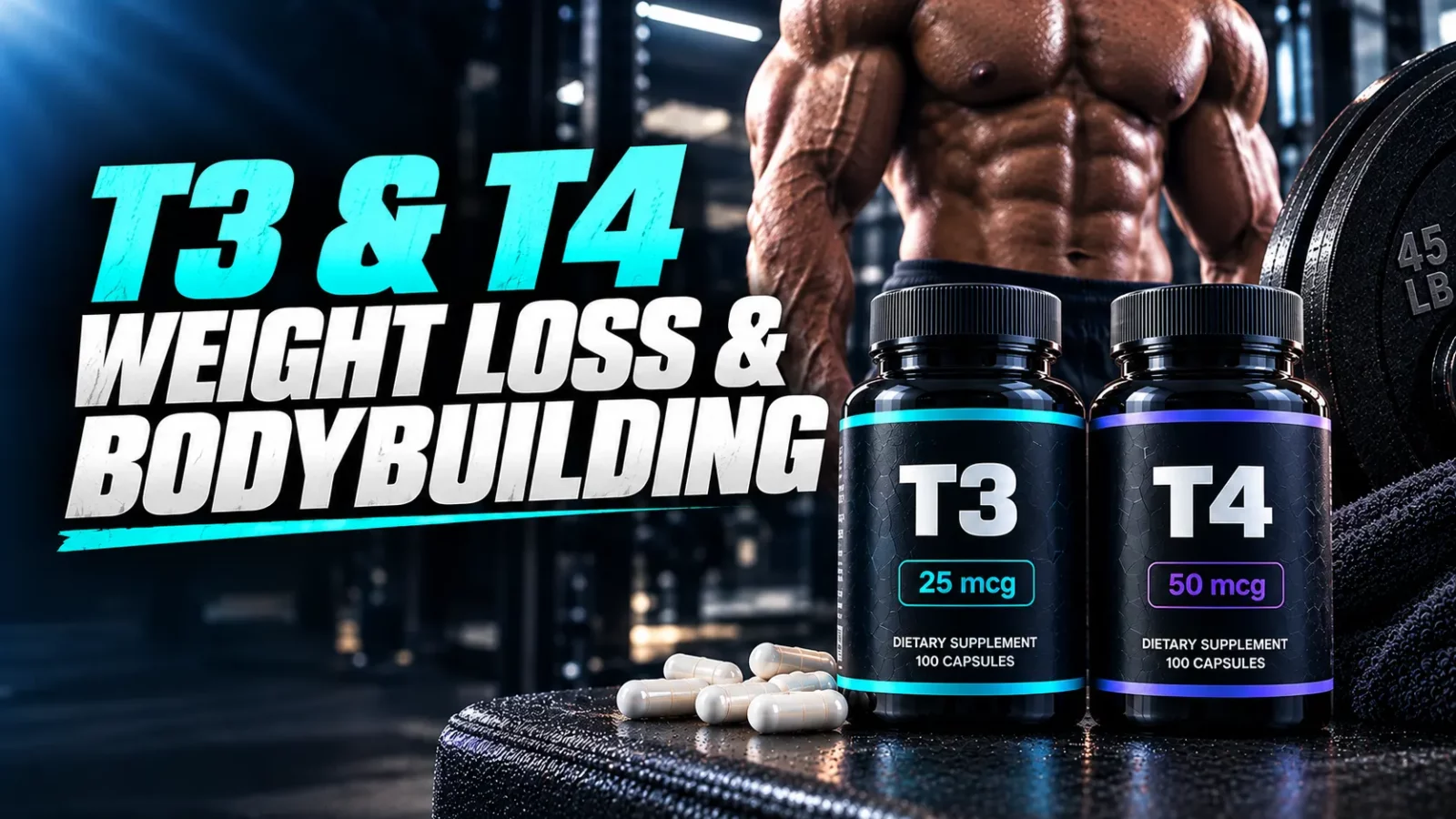 T3 and T4 for weight loss and bodybuilding: two thyroid hormone bottles in front of a lean torso