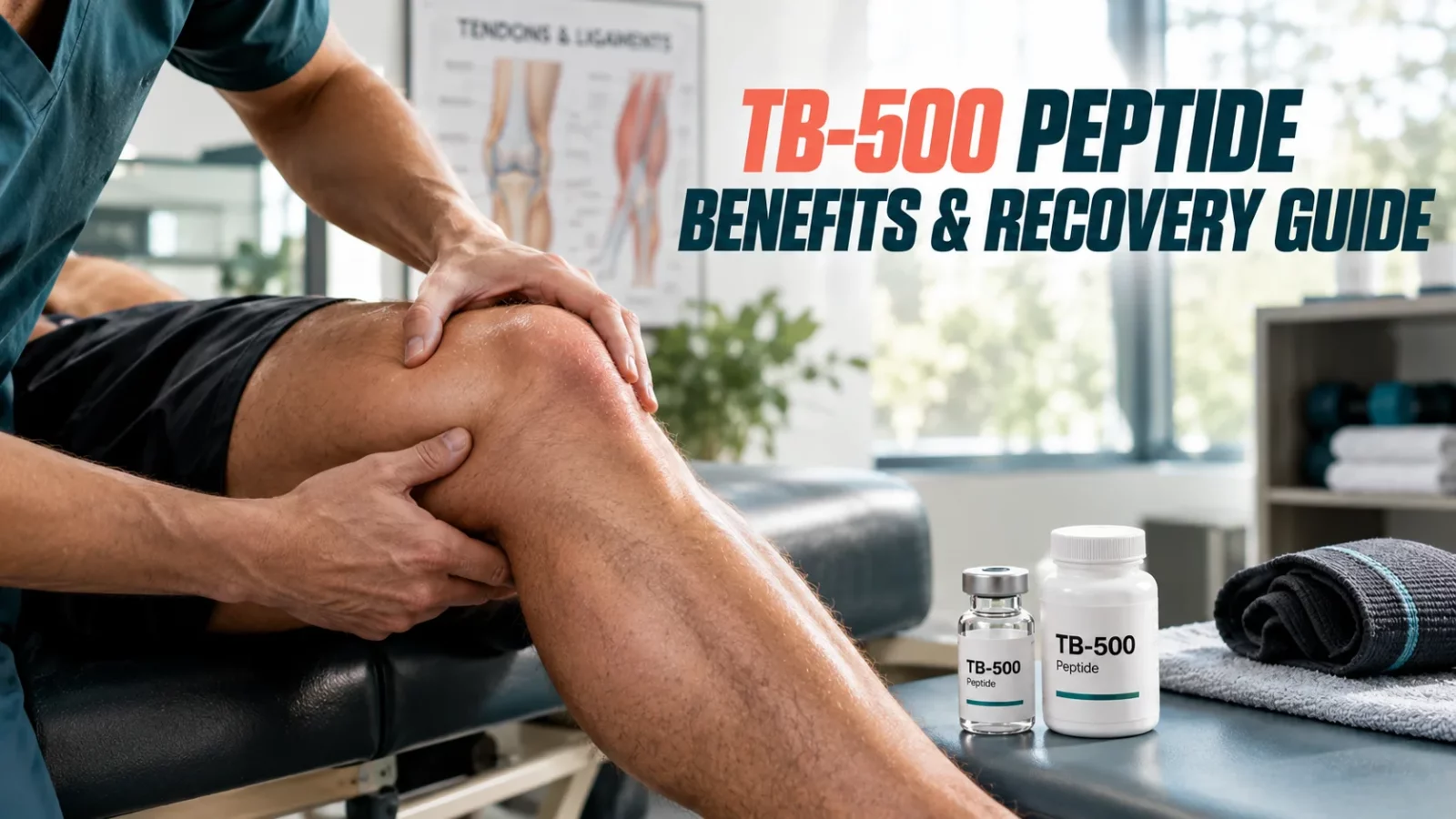 TB-500 recovery: man holding his knee beside TB-500 vials in a physio clinic