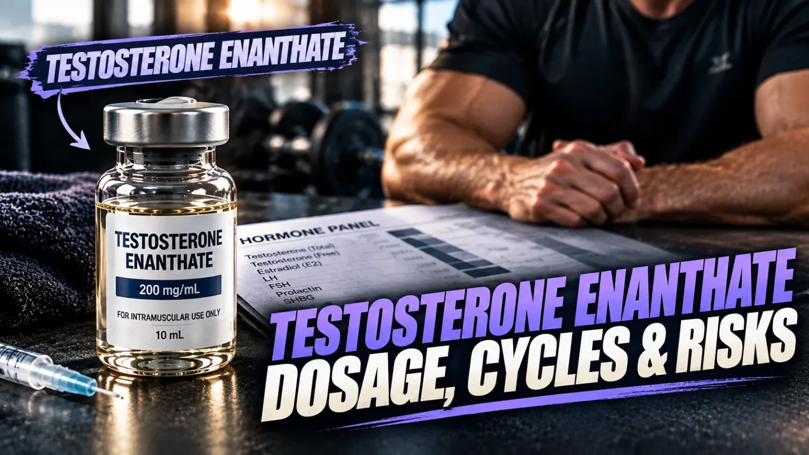 Testosterone enanthate cycle: 200 mg/mL testosterone enanthate vial and a syringe beside a hormone panel