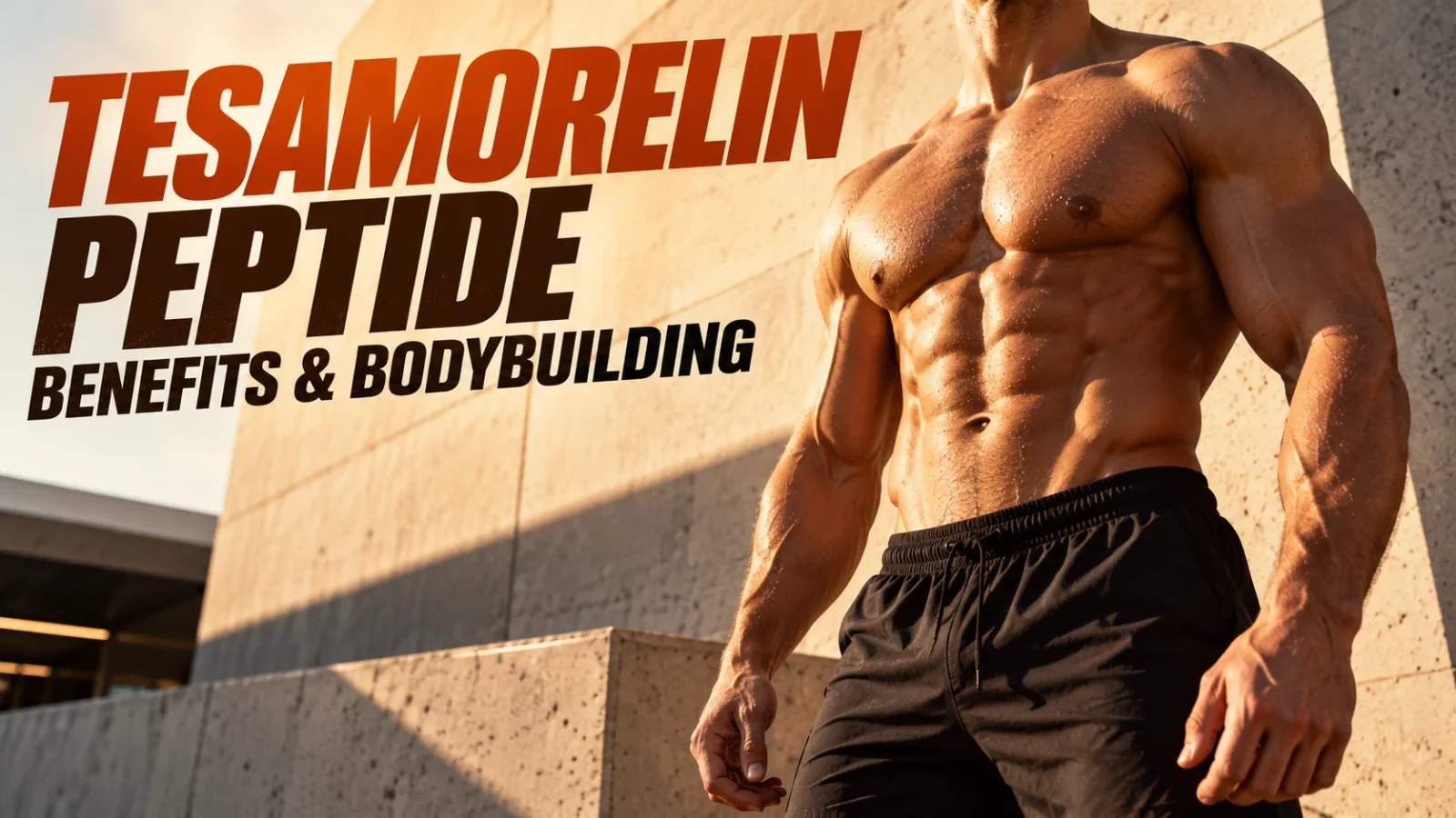 Tesamorelin peptide for bodybuilding: lean, shirtless man with defined abs outdoors