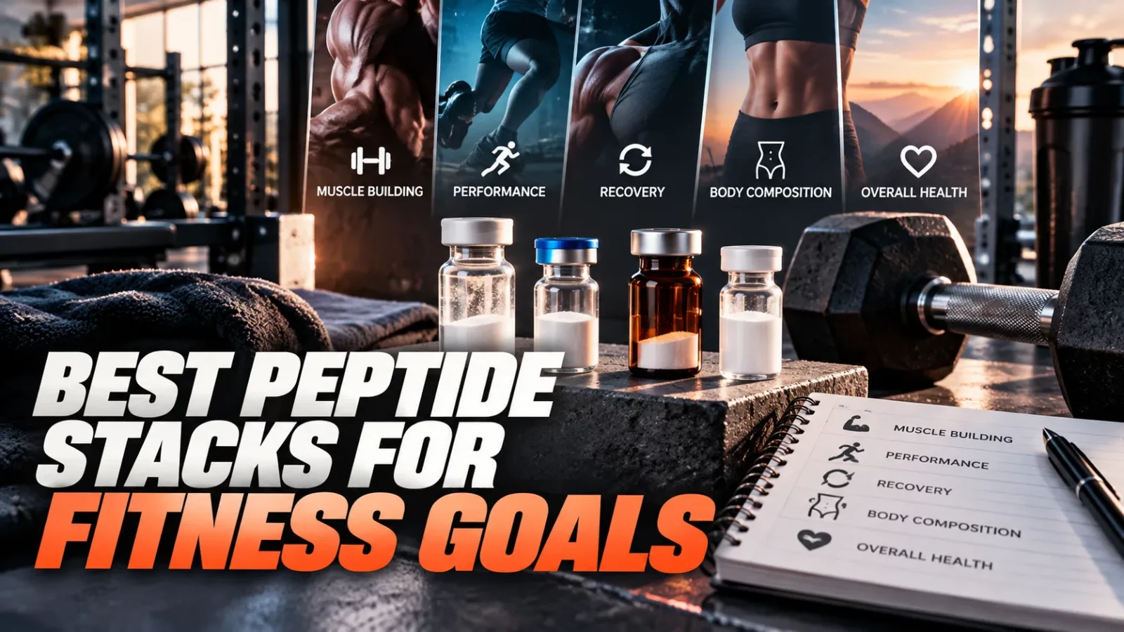 Best peptide stacks for fitness goals: peptide vials and a stack planner on a gym bench