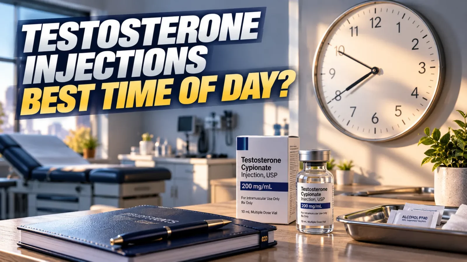 Best time to inject testosterone: testosterone cypionate box and vial beside a wall clock