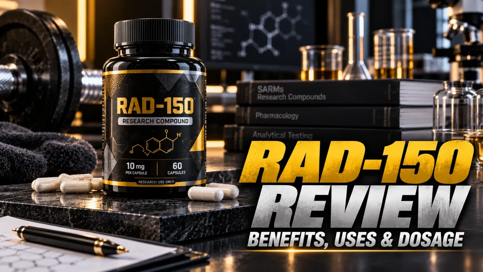 RAD-150 review: RAD-150 capsule bottle beside pharmacology books in a lab