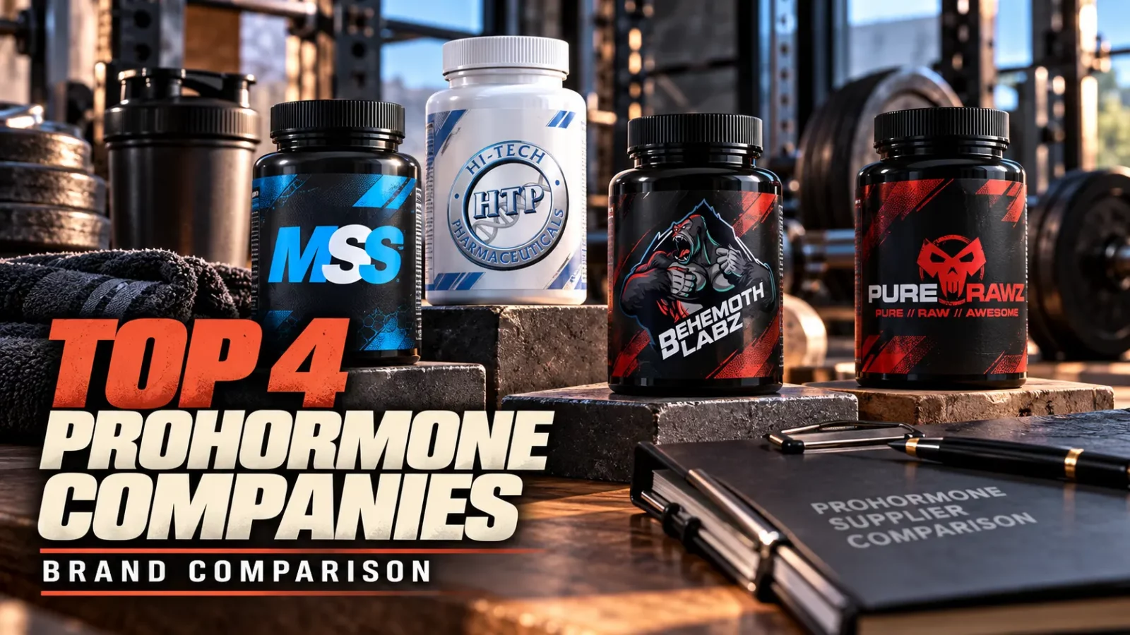 Best prohormone companies: four prohormone supplement bottles lined up on a gym bench