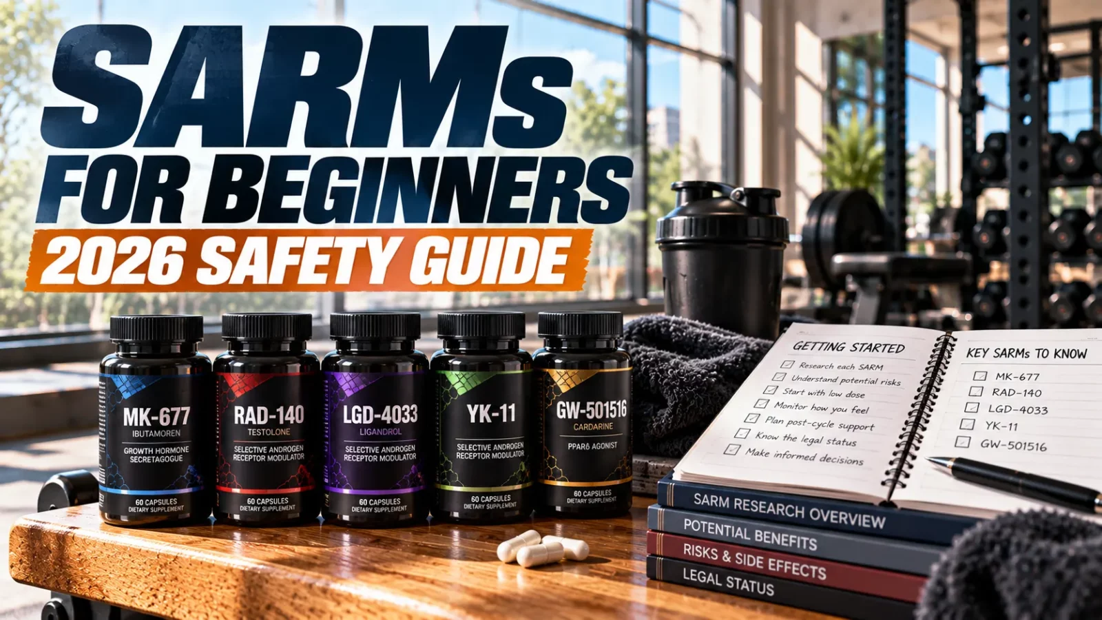 Best SARMs for beginners: five SARM bottles and a getting-started checklist on a gym bench