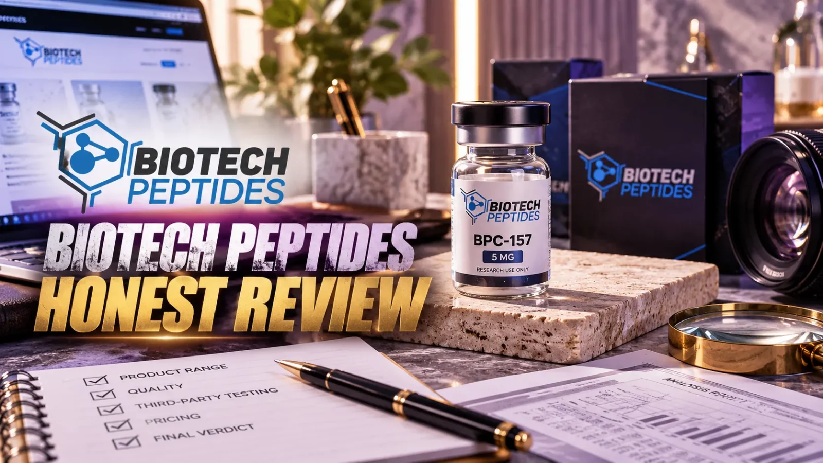 Biotech Peptides review: BPC-157 vial and branded boxes beside a review checklist