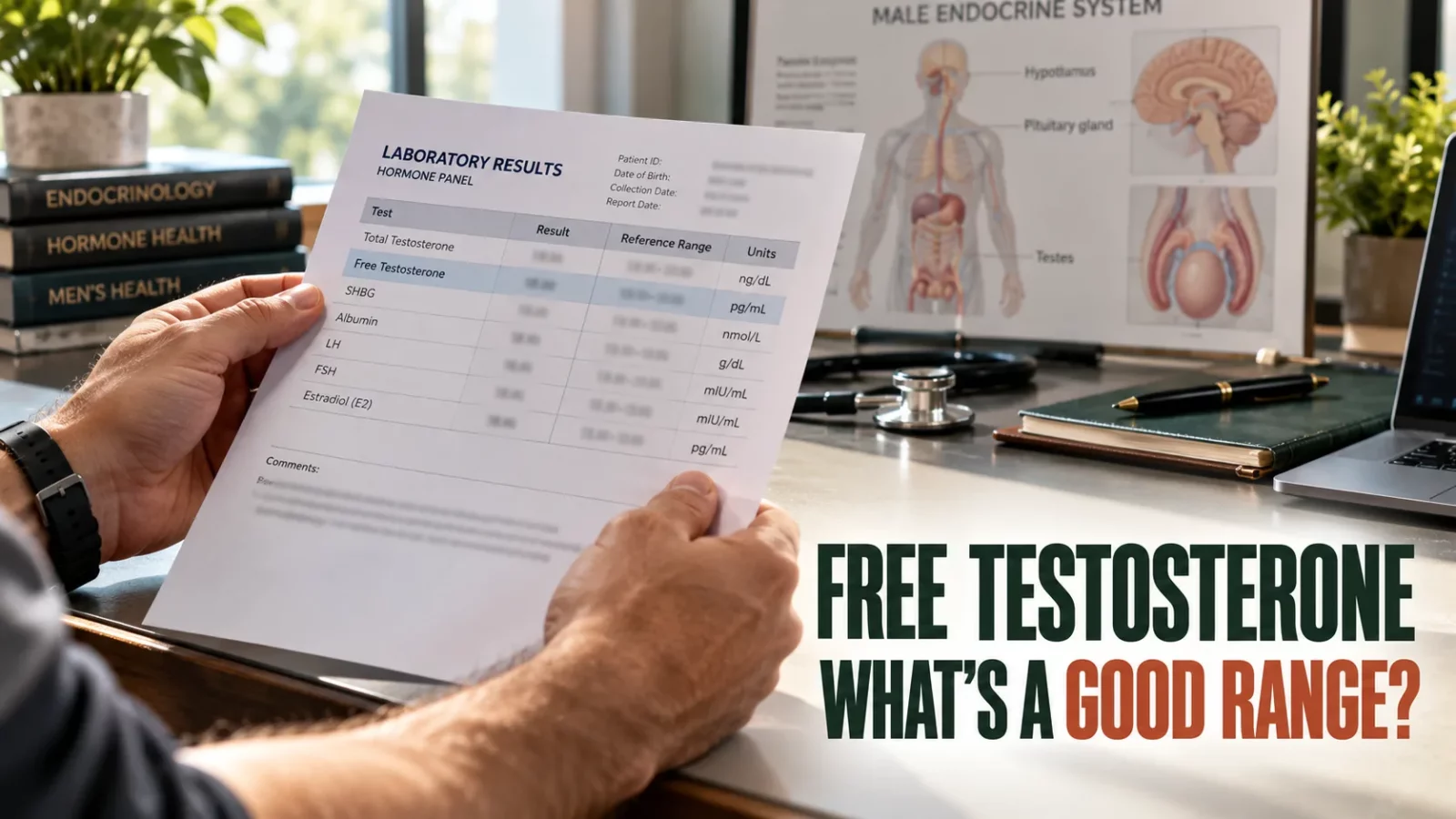 Free testosterone range: hands holding a lab results sheet beside an endocrine system chart