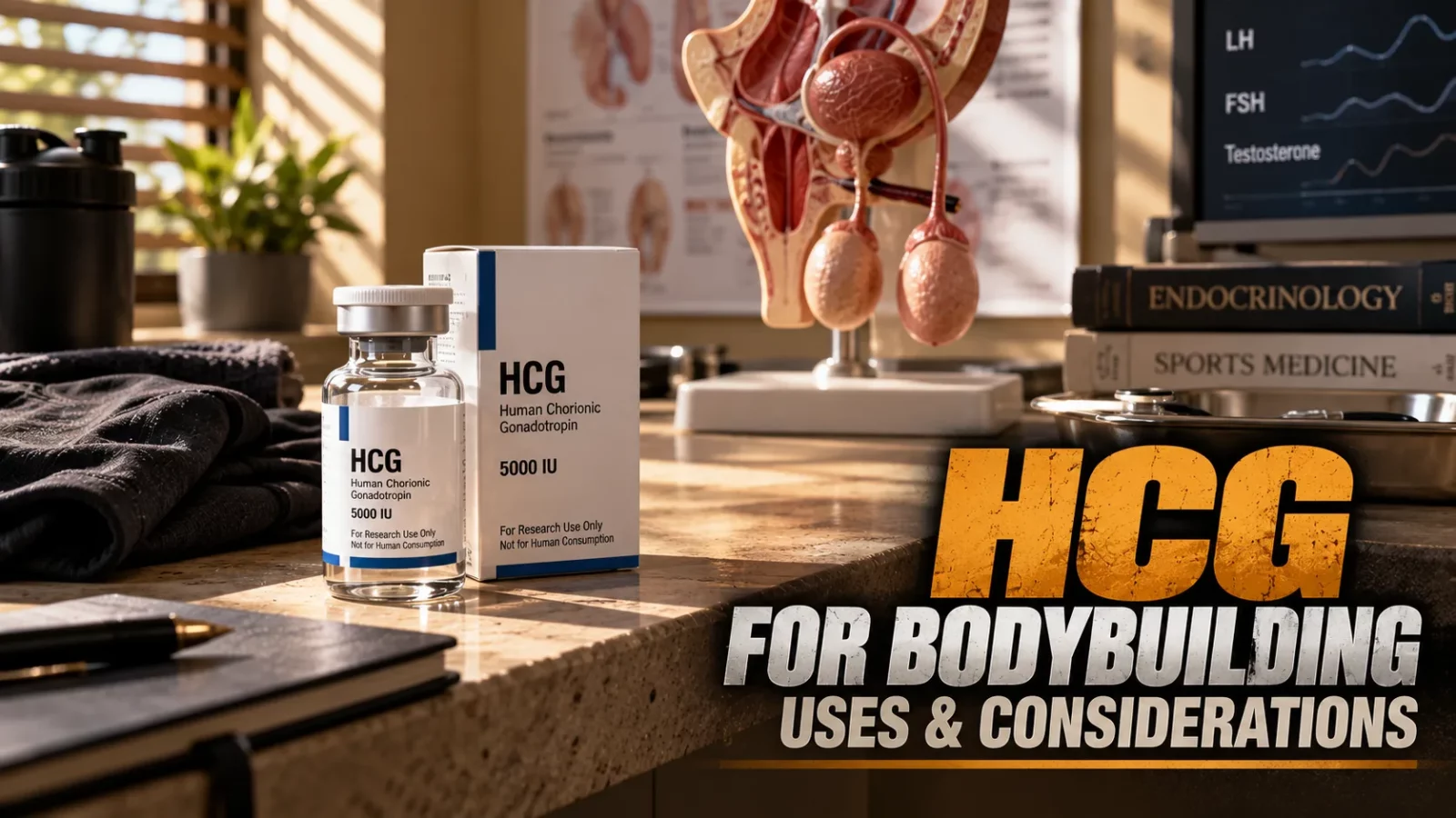 HCG for bodybuilding: HCG vial and box beside an anatomy model in a sports medicine office