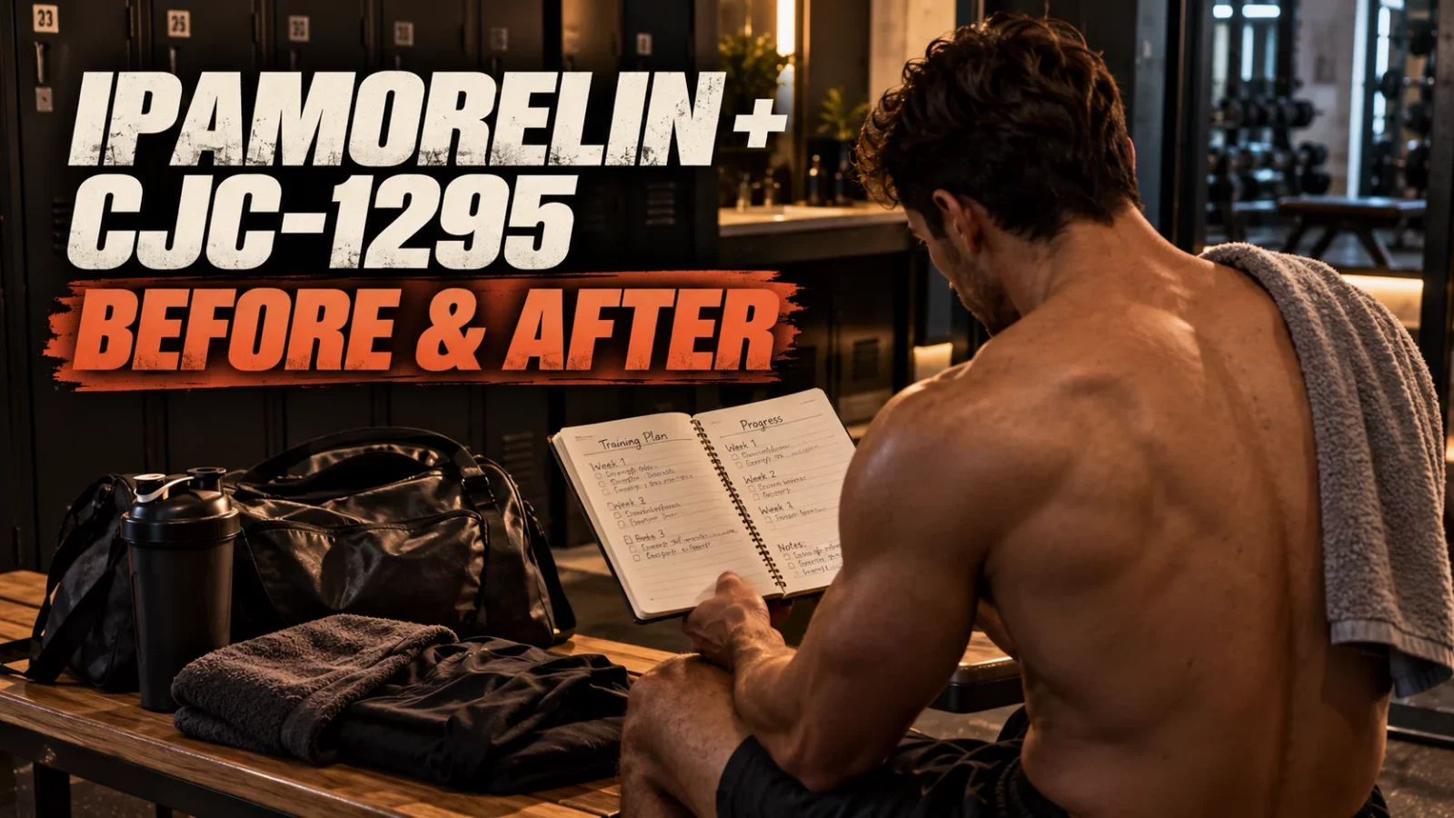 Ipamorelin and CJC-1295 before and after: shirtless man reading a notebook in a gym