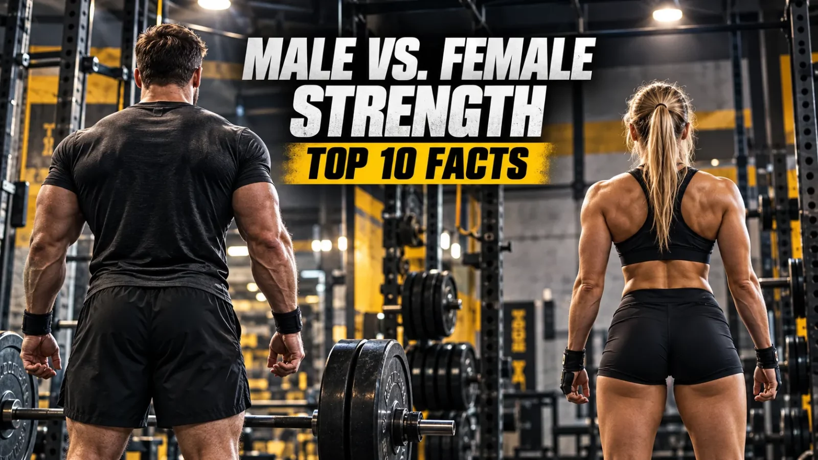 Male vs female strength: man and woman standing with their backs turned in a power rack gym