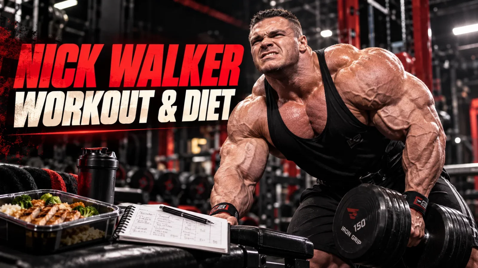 Nick Walker workout and diet: Nick Walker doing a dumbbell row beside a meal prep box