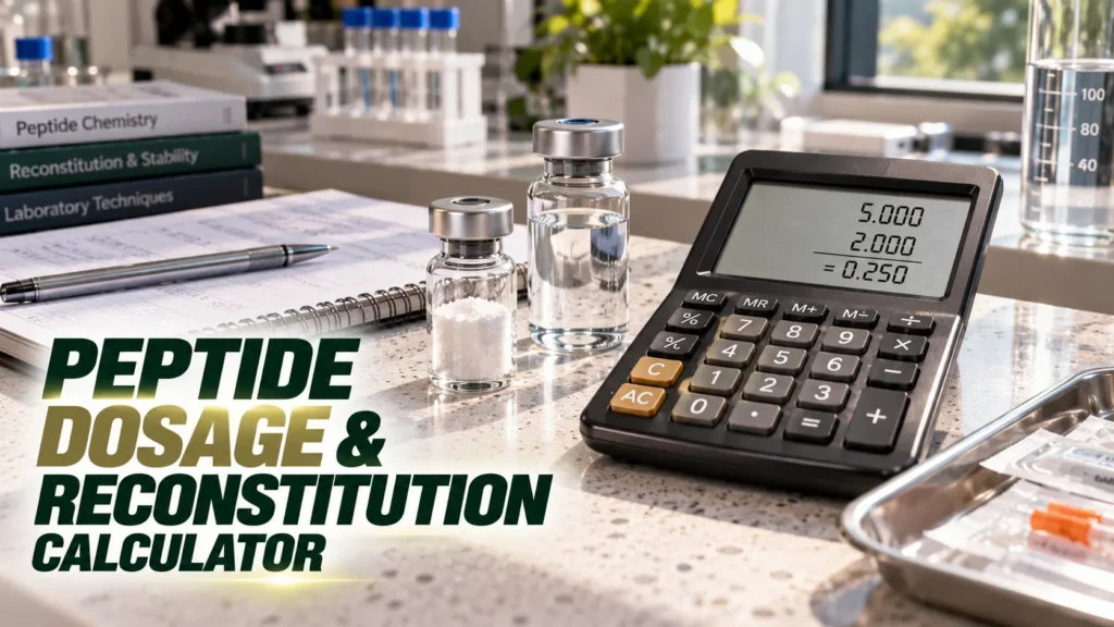 Peptide dosage calculator: calculator, peptide vials and lab notes on a counter