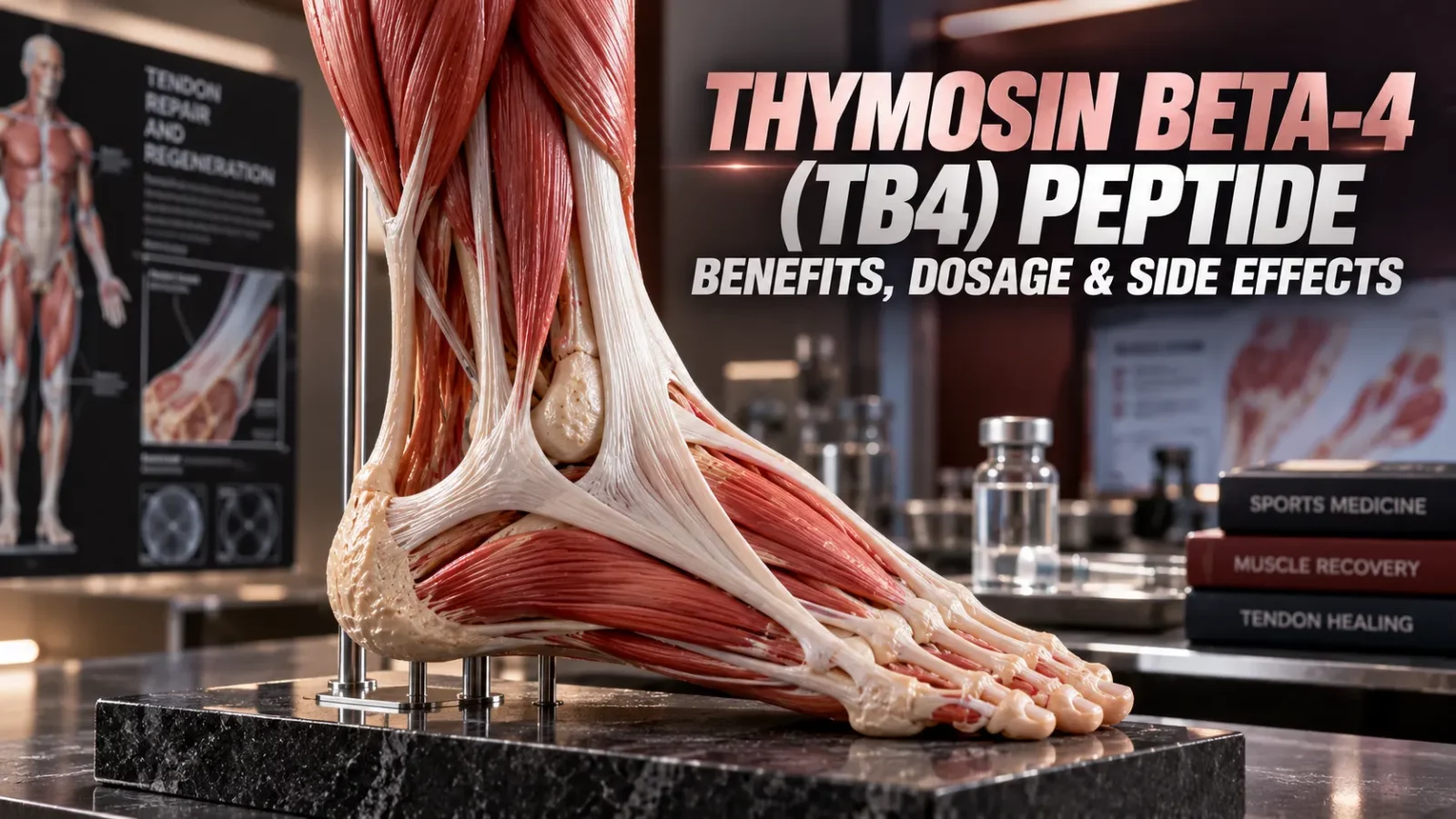Thymosin beta-4 (TB4) peptide: anatomical foot and tendon model on display in a clinic