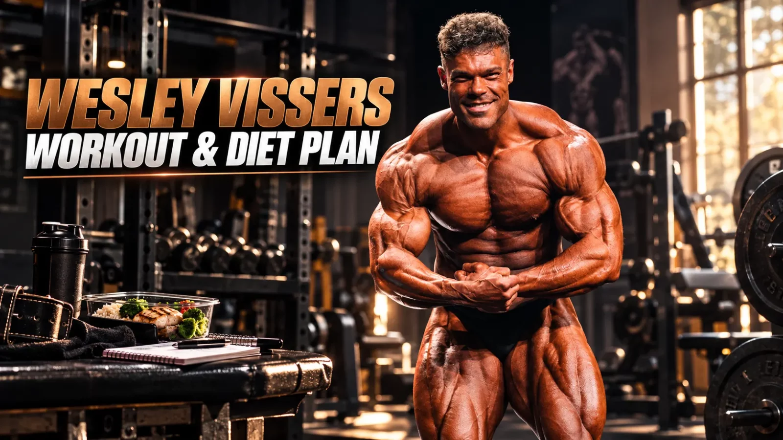 Wesley Vissers workout and diet plan: bodybuilder flexing in a gym beside a meal prep table