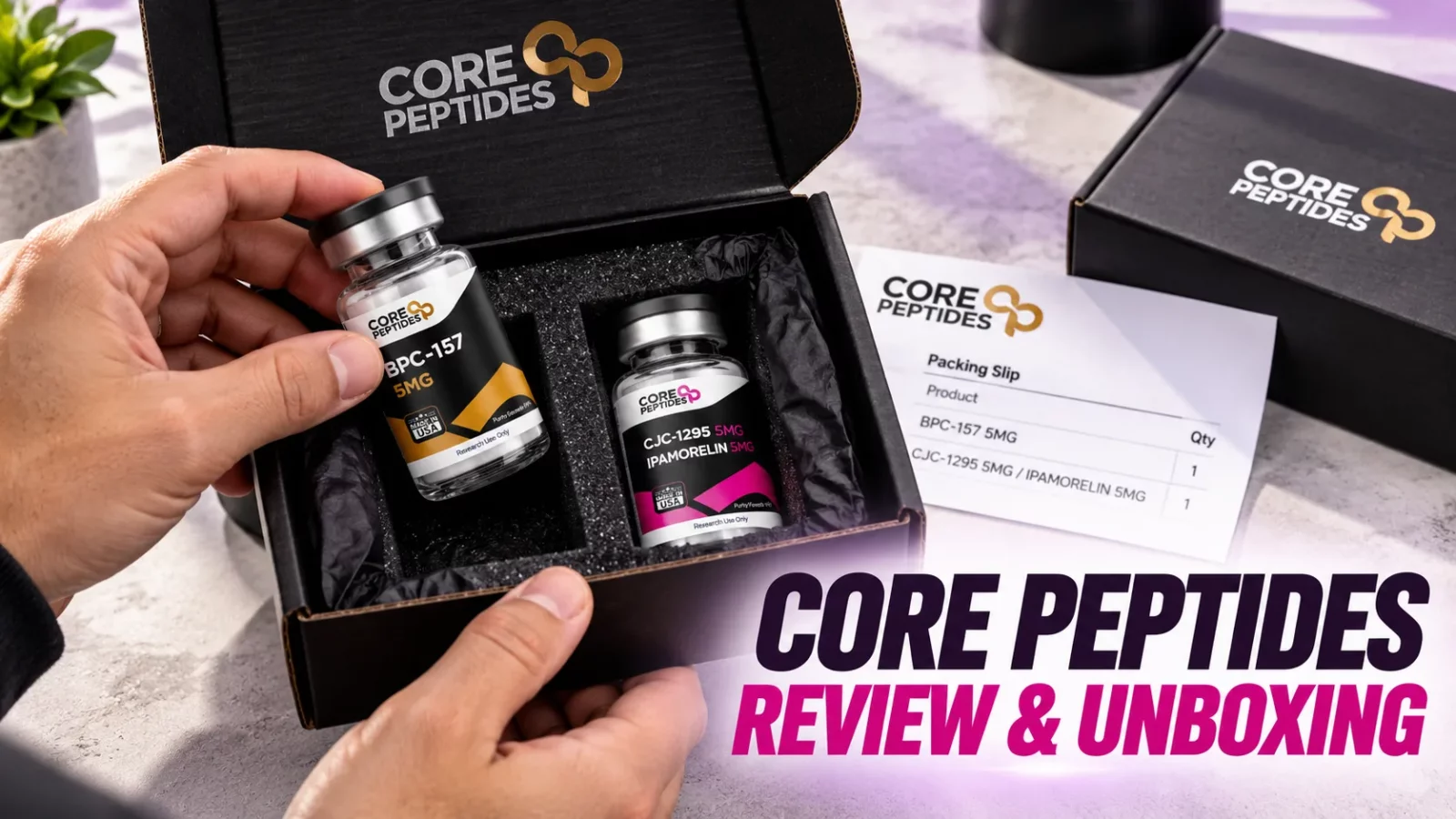 Core Peptides review: hands unboxing Core Peptides vials from a black branded box