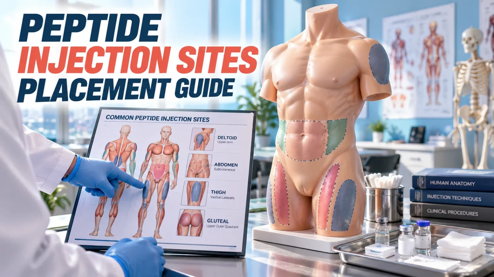 Peptide injection sites: clinician pointing to a body chart beside a torso model showing injection areas