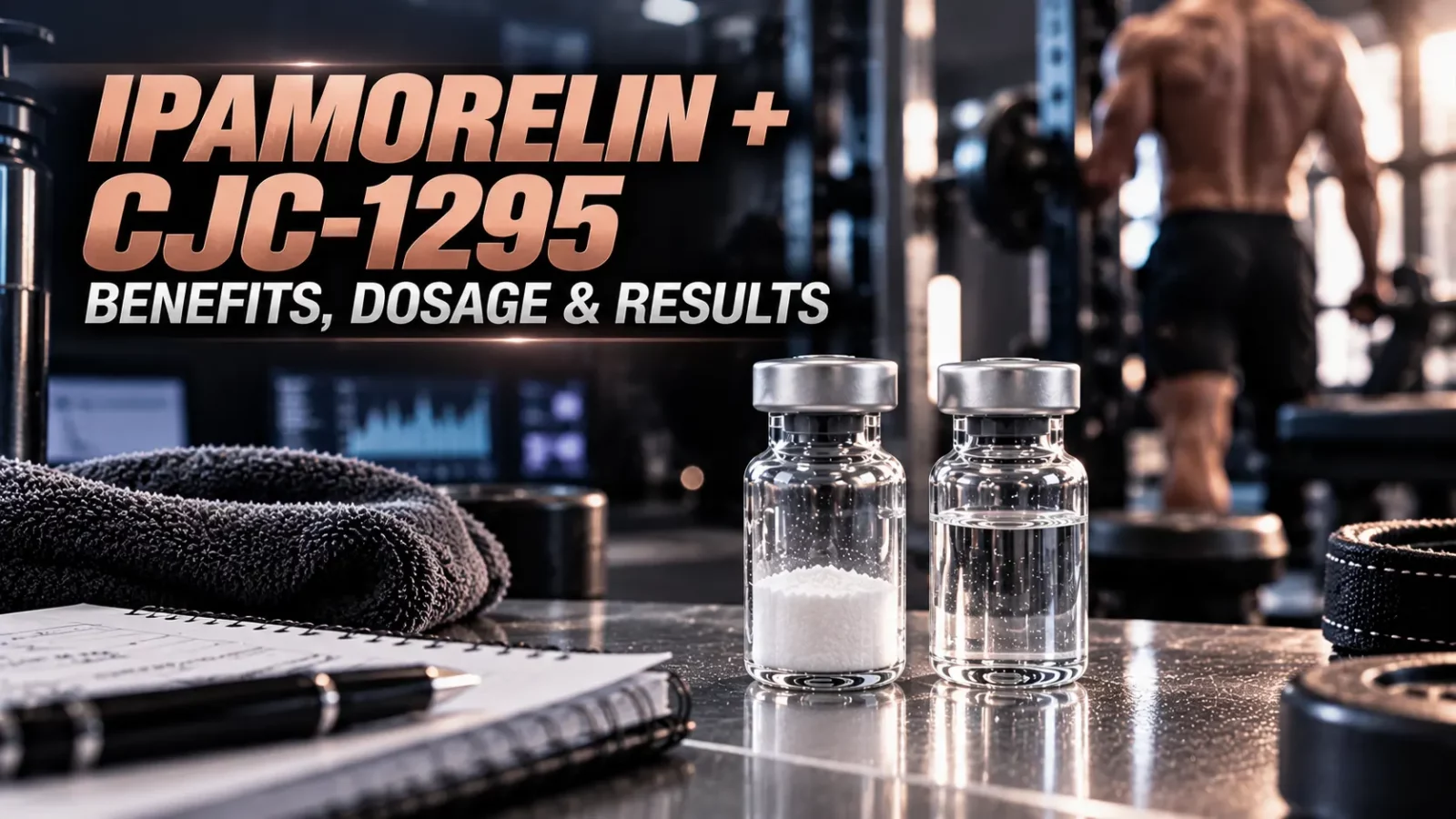 Ipamorelin and CJC-1295 stack: two peptide vials, a towel and a notebook on a gym bench