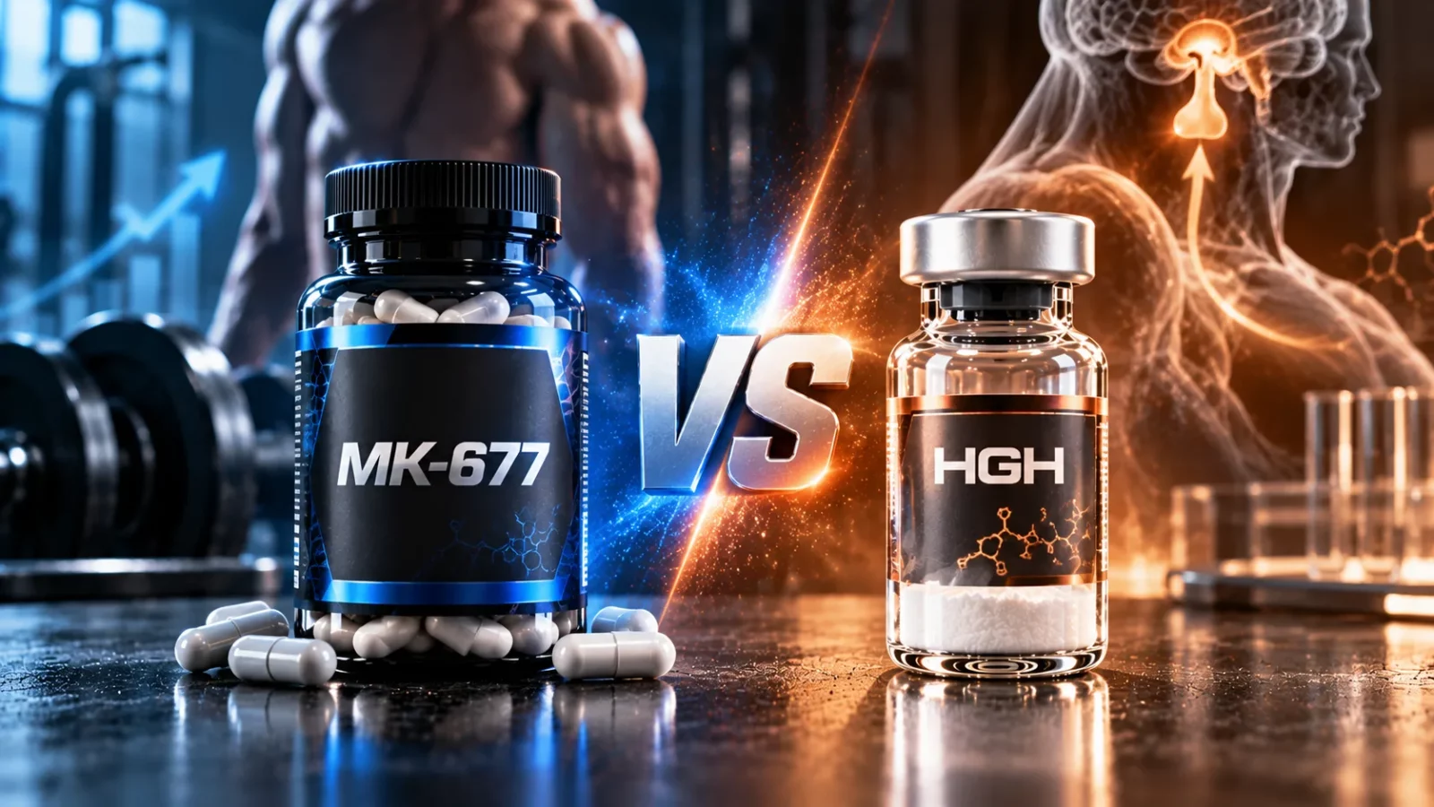 MK-677 vs HGH: MK-677 capsule bottle facing an HGH vial on a gym bench