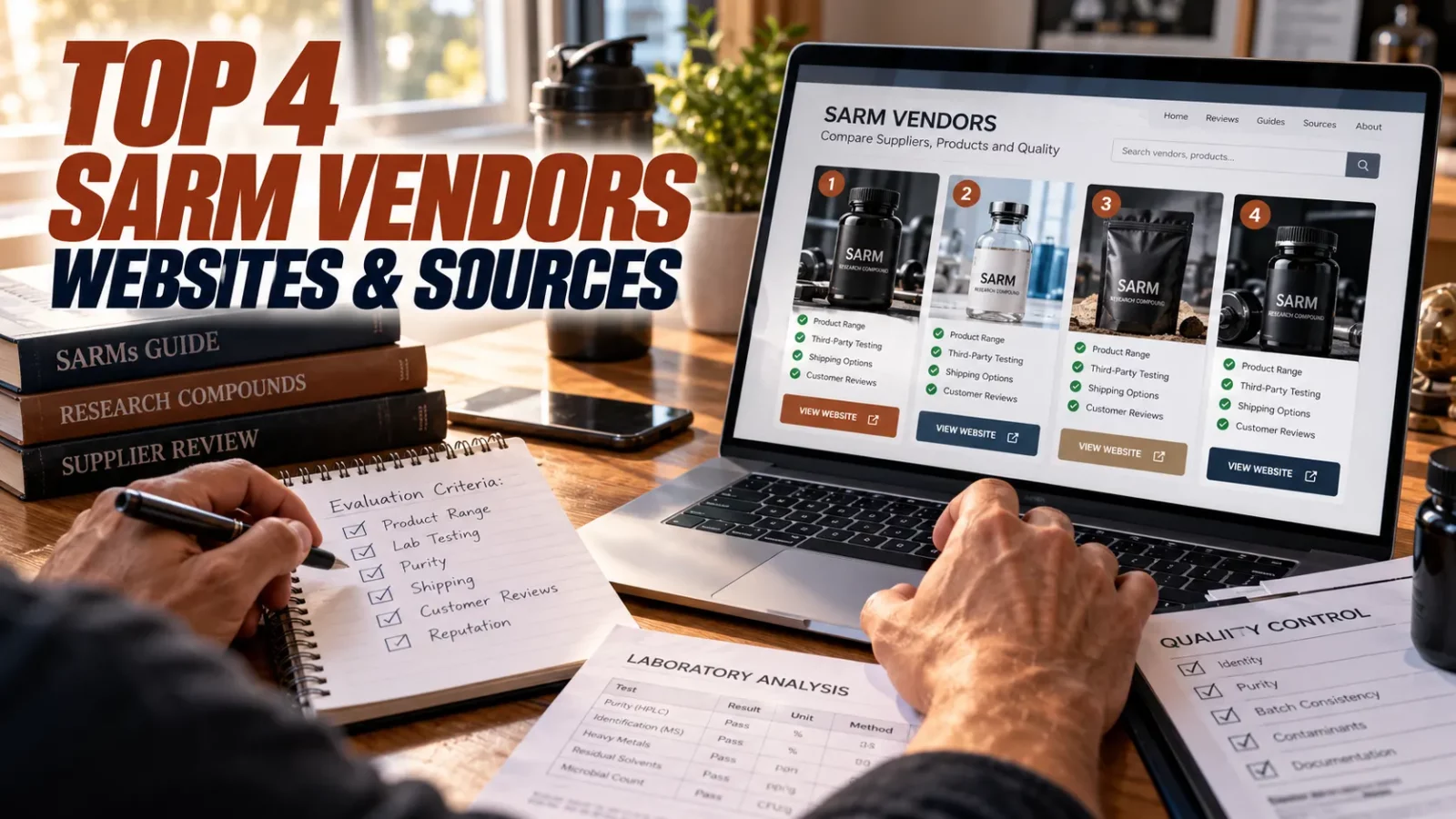 Best SARM vendors: person comparing SARM vendor websites on a laptop with a quality checklist