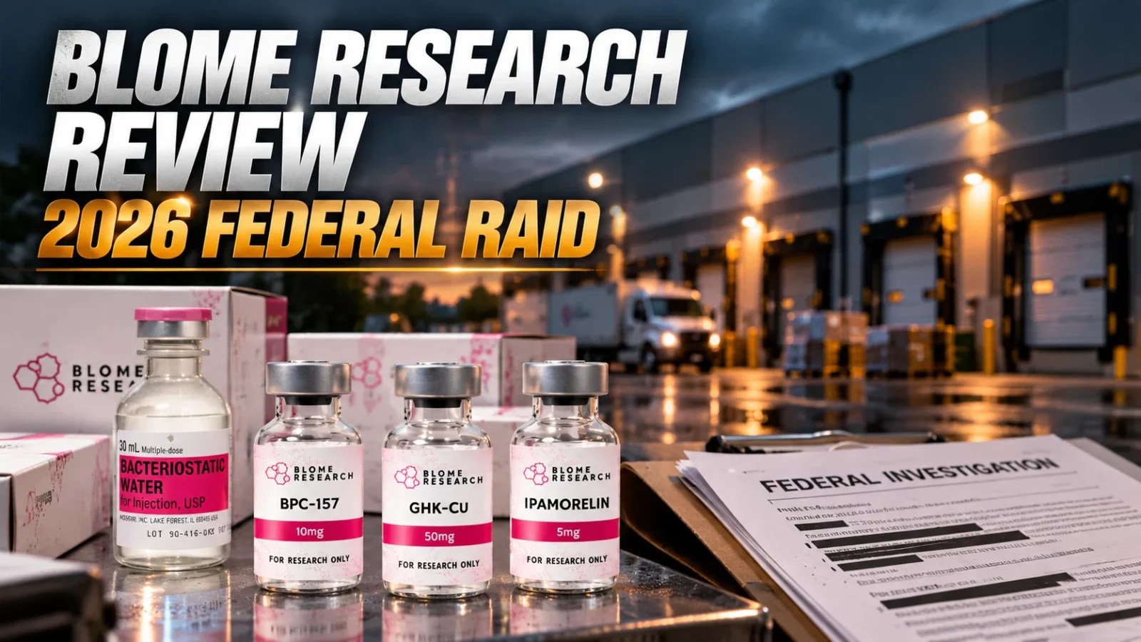 Blome Research review: branded peptide vials beside a federal investigation report in a warehouse