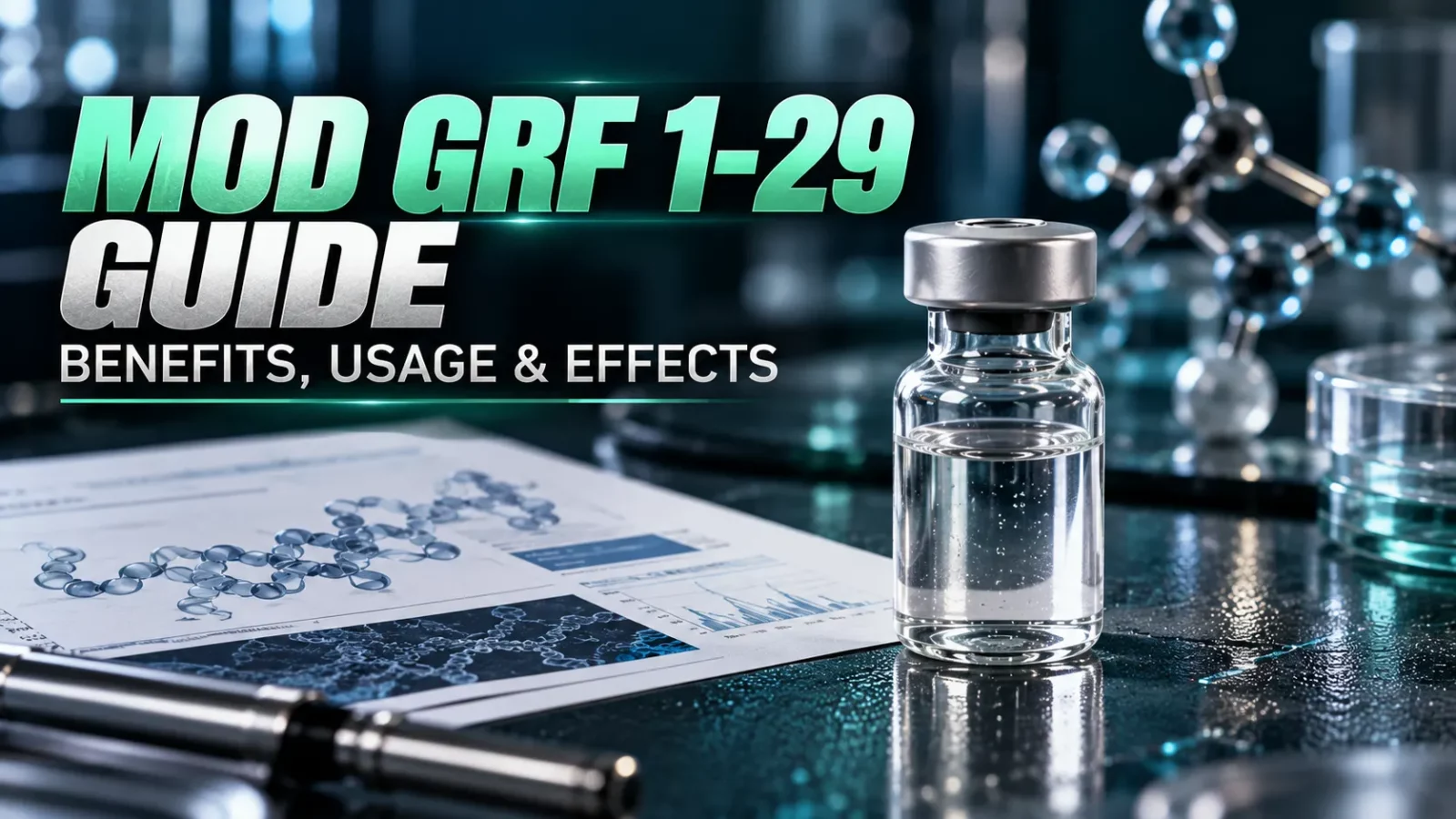 Mod GRF 1-29 peptide guide: peptide vial beside a molecular model and research charts