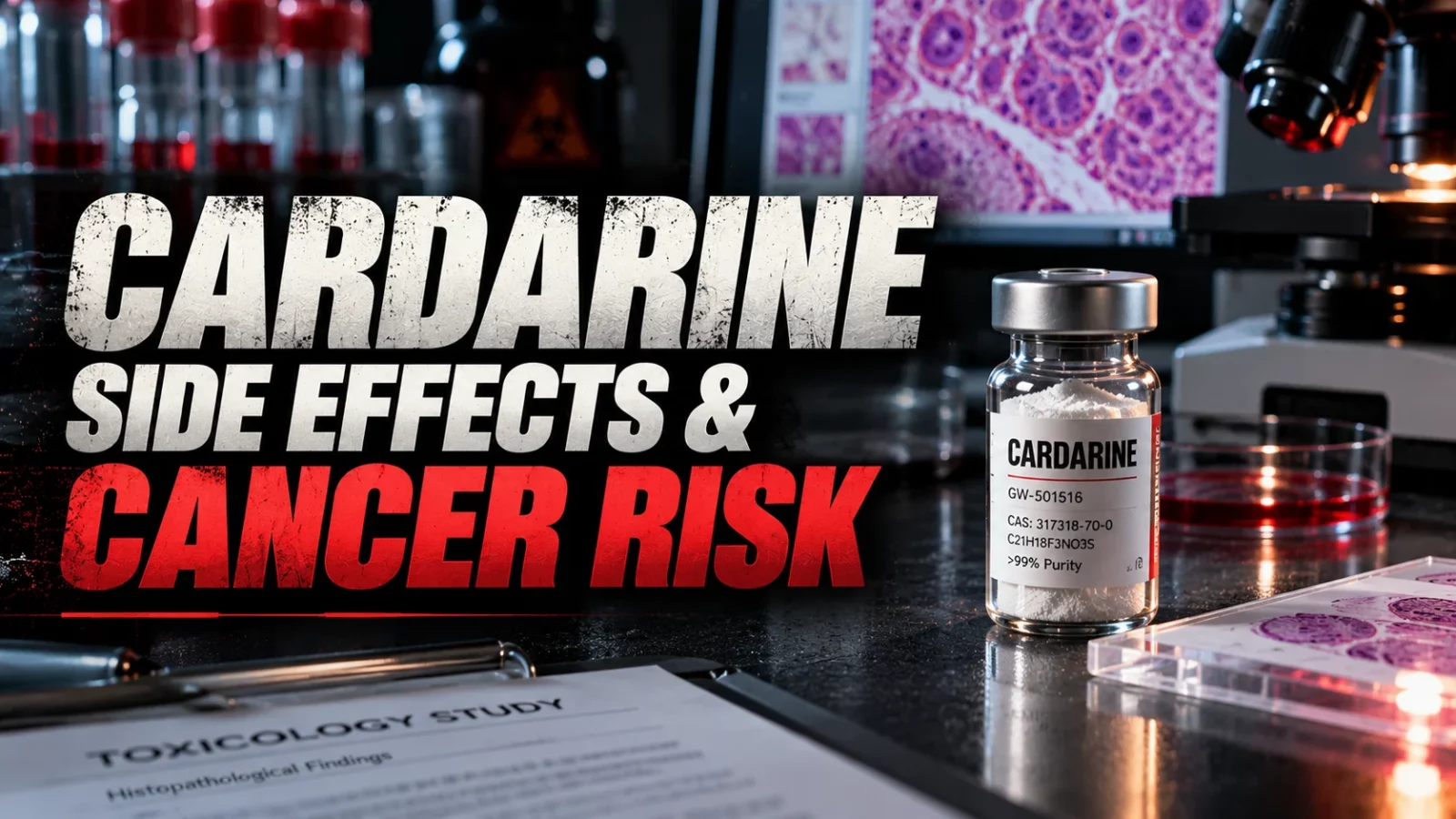 Cardarine side effects and cancer risk: cardarine vial in a lab beside a toxicology study