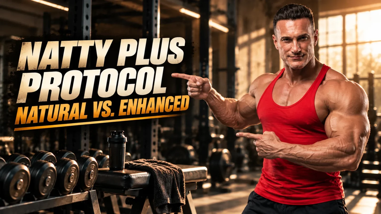 Natty Plus protocol: muscular man in a red tank top pointing at the title in a gym