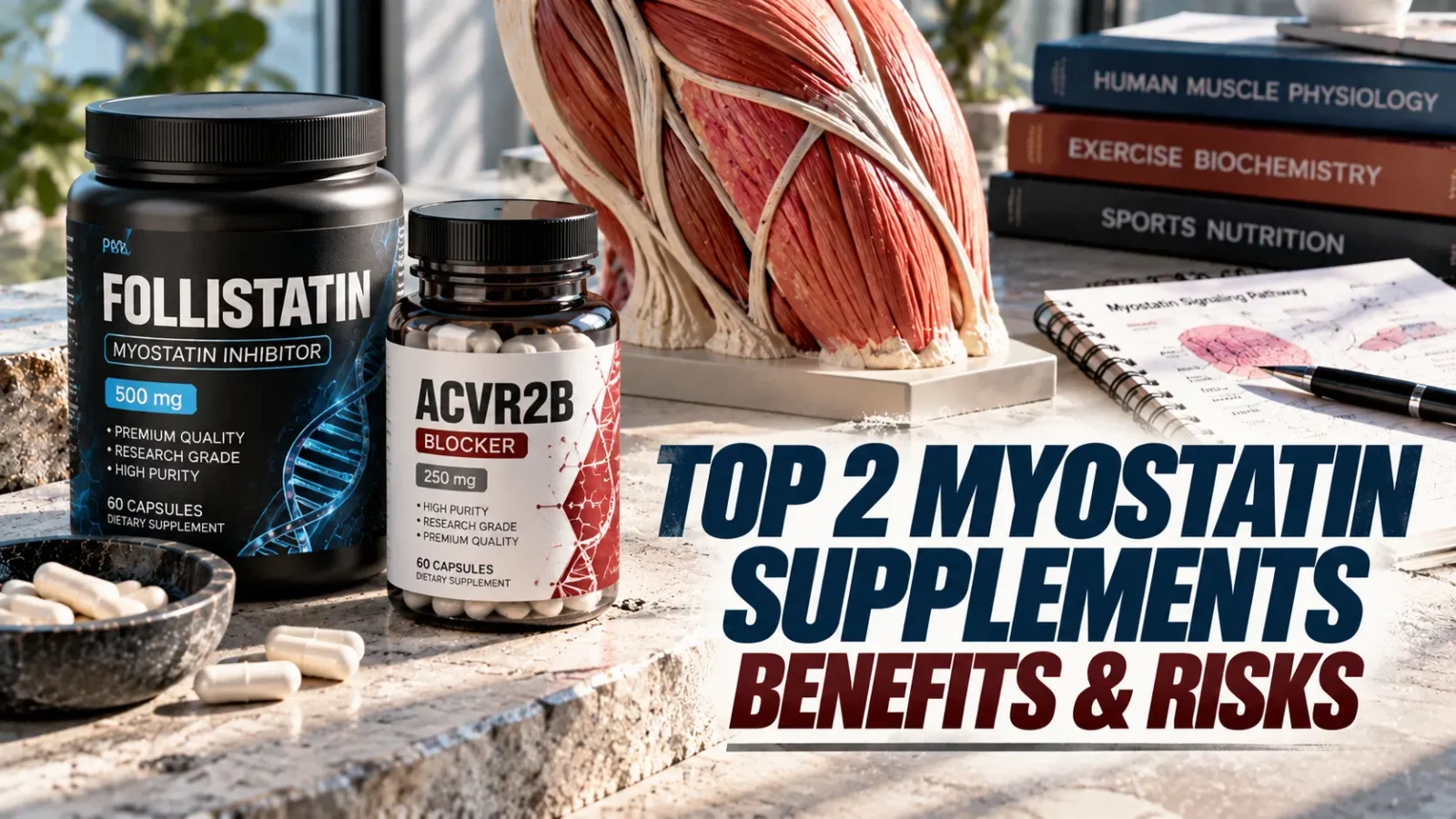 Best myostatin supplements: follistatin and ACVR2B bottles beside a muscle model and textbooks