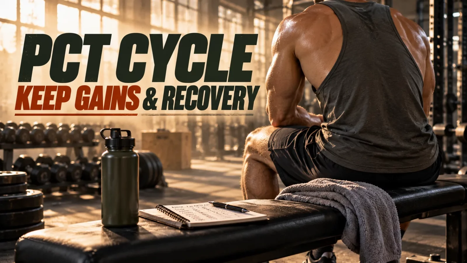 Best PCT cycle to keep gains: man resting on a gym bench next to a notebook and water bottle