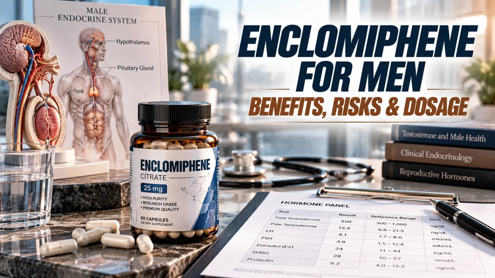 Enclomiphene for men: enclomiphene citrate bottle beside an endocrine chart and a hormone panel