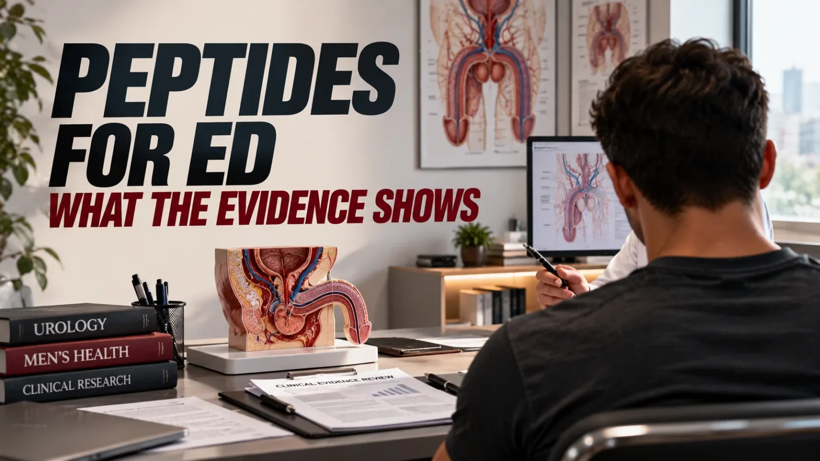 Peptides for erectile dysfunction: man at a desk with urology books and an anatomy model