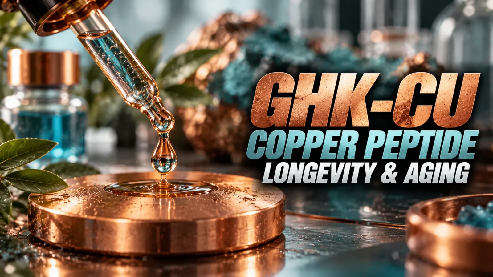 GHK-Cu copper peptide: dropper releasing blue serum onto a copper disc for longevity