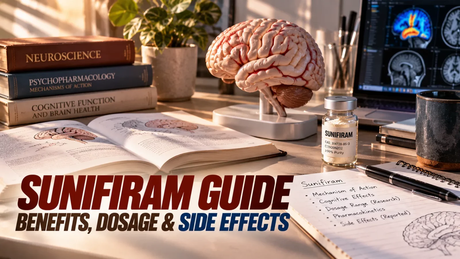 Sunifiram nootropic guide: brain model, neuroscience books and research notes on a desk