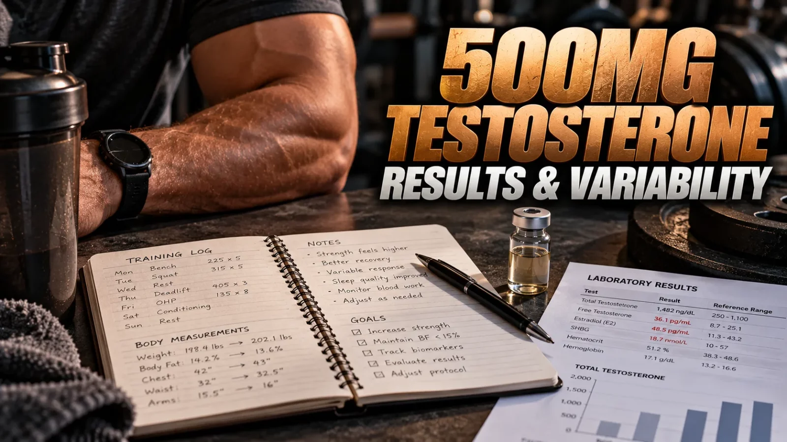 500mg of testosterone results: training log, lab report and a vial on a gym bench