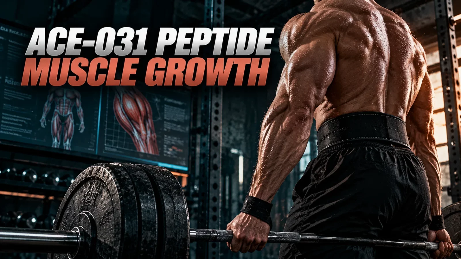 ACE-031 peptide for muscle growth: lifter in a weight belt gripping a loaded barbell