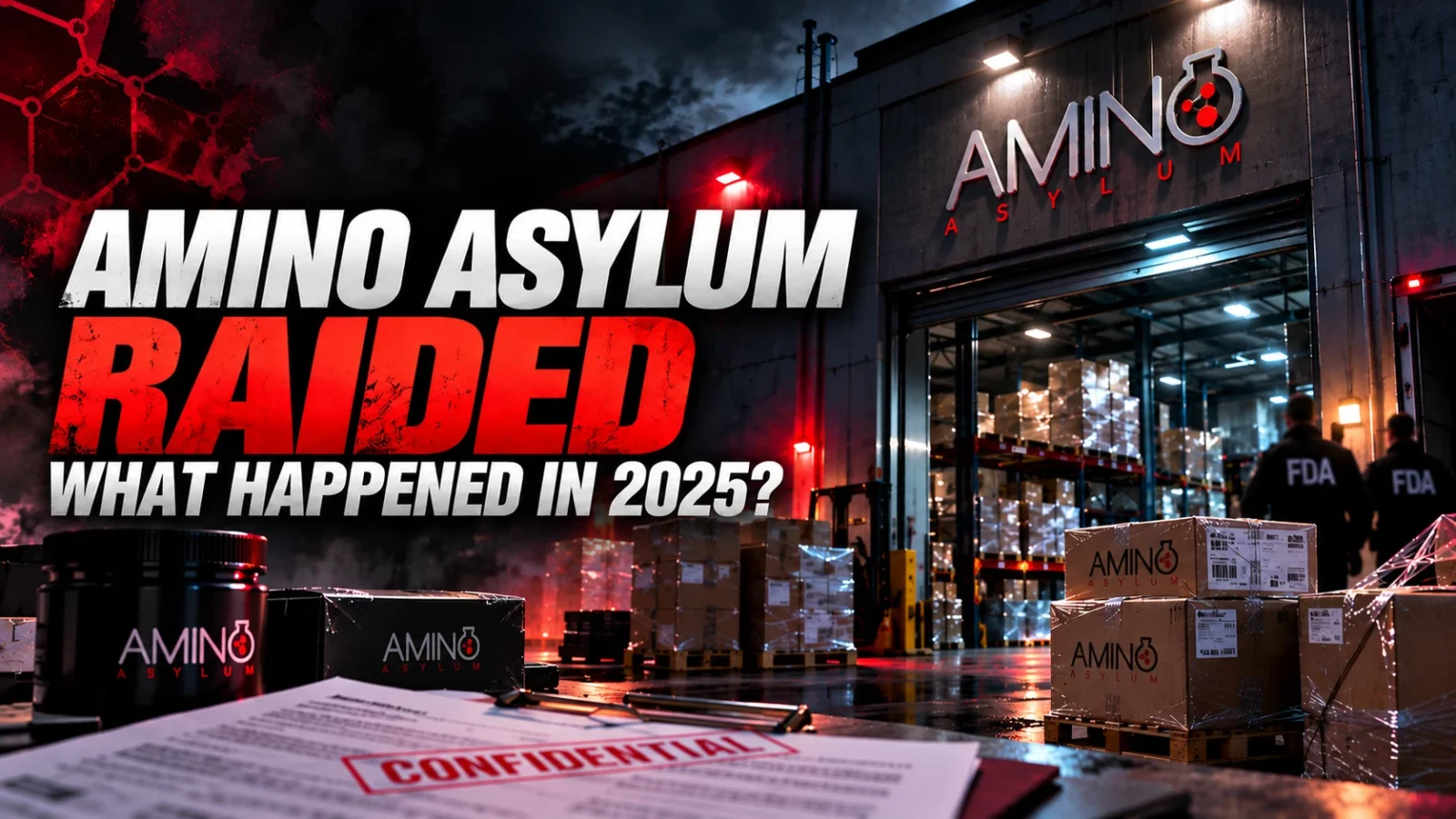 Amino Asylum raid: storefront at night with boxes, FDA crates and a confidential document