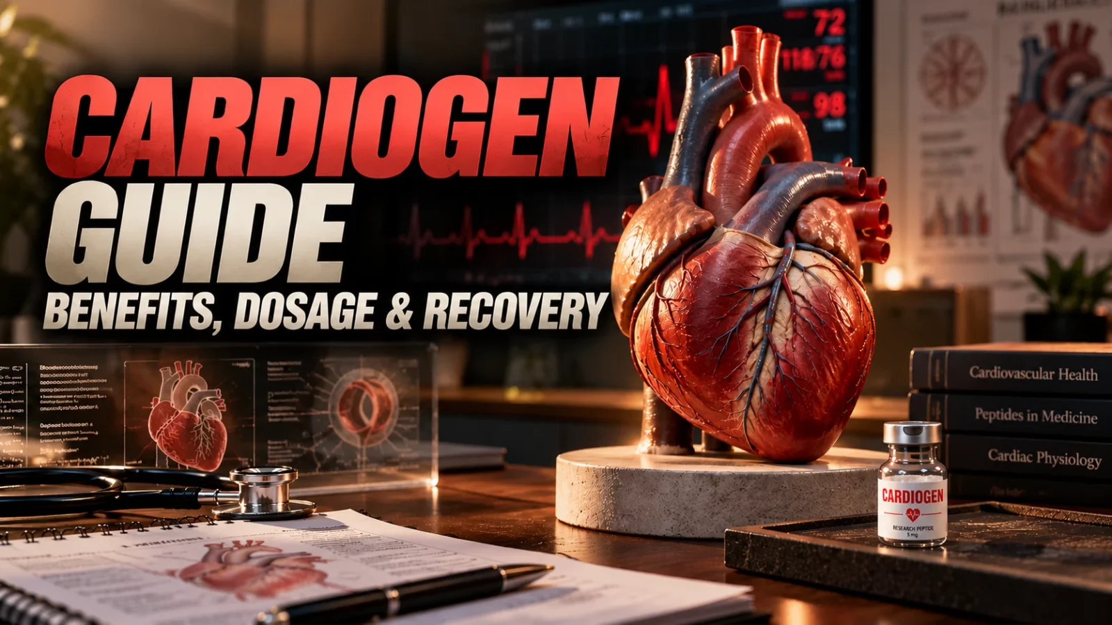 Cardiogen peptide guide: anatomical heart model beside a Cardiogen vial and cardiology books