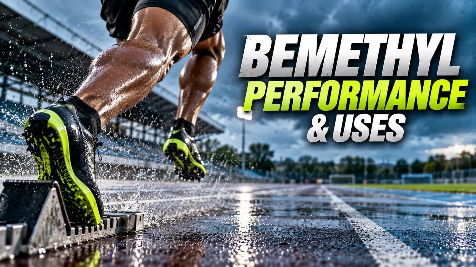 Bemethyl for performance: sprinter's spikes driving off starting blocks on a wet running track